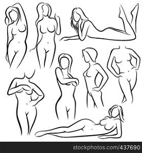 Outline beautiful woman vector silhouettes. Line female body beauty symbols. Sketch of woman model posing, figure girl sexy illustration. Outline beautiful woman vector silhouettes. Line female body beauty symbols