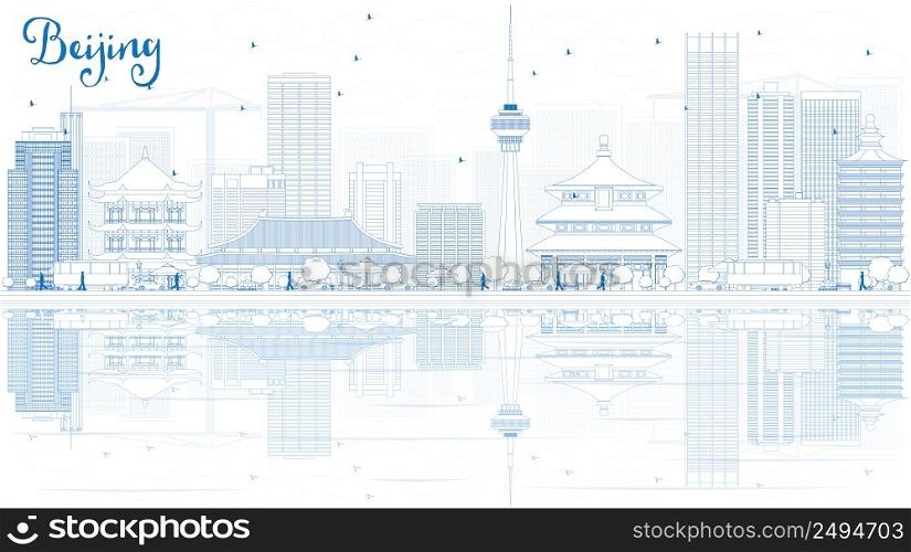 Outline Beijing Skyline with Blue Buildings and Reflections. Vector Illustration. Business travel and tourism concept with copy space. Image for presentation, banner, placard and web site.