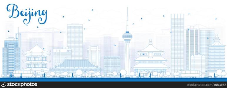 Outline Beijing Skyline with Blue Buildings. Vector Illustration. Business travel and tourism concept with historic buildings. Image for presentation, banner, placard and web site.