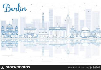 Outline Berlin skyline with blue buildings and reflections. Vector illustration. Business travel and tourism concept with place for text. Image for presentation, banner, placard and web site.