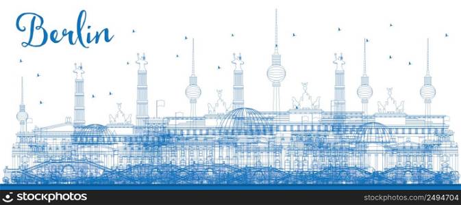 Outline Berlin skyline with blue buildings. Vector illustration. Business and tourism concept with place for text. Image for presentation, banner, placard and web site