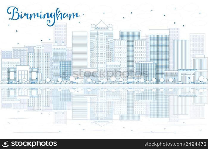 Outline Birmingham skyline with blue buildings and reflections. Vector illustration. Business travel and tourism concept with place for text. Image for presentation, banner, placard and web site.