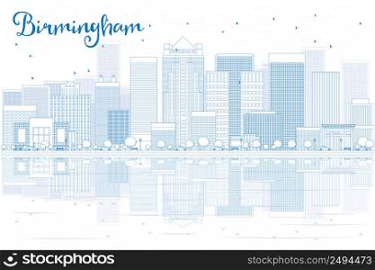 Outline Birmingham skyline with blue buildings and reflections. Vector illustration. Business travel and tourism concept with place for text. Image for presentation, banner, placard and web site.