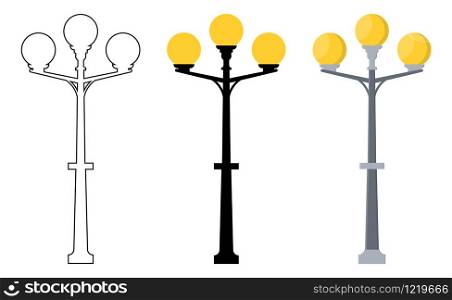 Outline, black silhouette, cartoon streen lights set isolated on white background. Vintage street lights. Elements for landscape construction. Vector illustration for any design.
