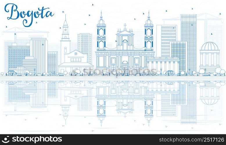 Outline Bogota Skyline with Blue Buildings and Reflections. Vector Illustration. Business Travel and Tourism Concept with Historic Architecture. Image for Presentation Banner Placard and Web Site.