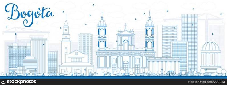 Outline Bogota Skyline with Blue Buildings. Vector Illustration. Business Travel and Tourism Concept with Historic Buildings. Image for Presentation Banner Placard and Web Site.