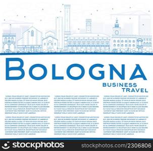 Outline Bologna Skyline with Blue Landmarks and Copy Space. Vector Illustration. Business Travel and Tourism Concept with Historic Buildings. Image for Presentation Banner Placard and Web Site.