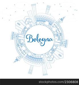 Outline Bologna Skyline with Blue Landmarks and Copy Space. Vector Illustration. Business Travel and Tourism Concept with Historic Architecture. Image for Presentation Banner Placard and Web Site.