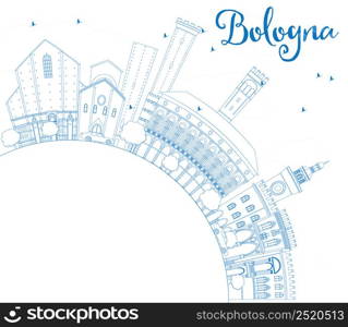 Outline Bologna Skyline with Blue Landmarks and Copy Space. Vector Illustration. Business Travel and Tourism Concept with Historic Architecture. Image for Presentation Banner Placard and Web Site.