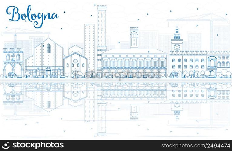 Outline Bologna Skyline with Blue Landmarks and Reflections. Vector Illustration. Business Travel and Tourism Concept with Historic Buildings. Image for Presentation Banner Placard and Web Site.