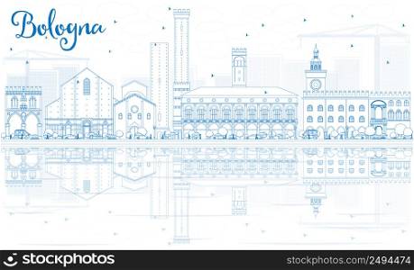 Outline Bologna Skyline with Blue Landmarks and Reflections. Vector Illustration. Business Travel and Tourism Concept with Historic Buildings. Image for Presentation Banner Placard and Web Site.