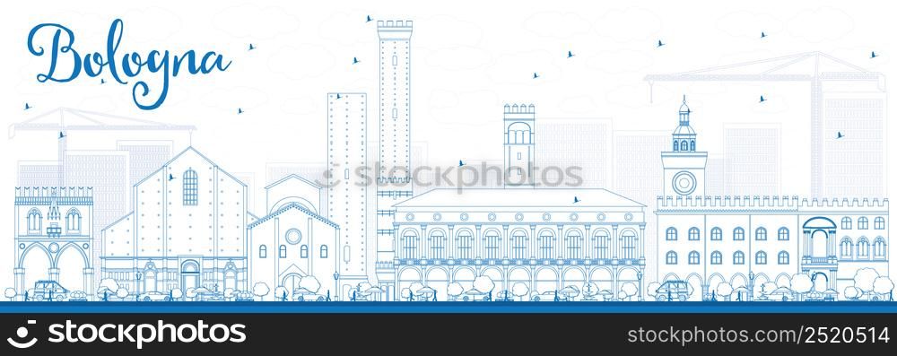 Outline Bologna Skyline with Blue Landmarks. Vector Illustration. Business Travel and Tourism Concept with Historic Buildings. Image for Presentation Banner Placard and Web Site.
