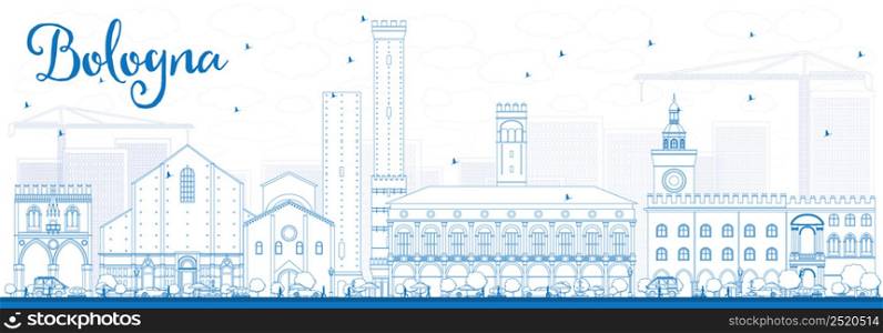 Outline Bologna Skyline with Blue Landmarks. Vector Illustration. Business Travel and Tourism Concept with Historic Buildings. Image for Presentation Banner Placard and Web Site.
