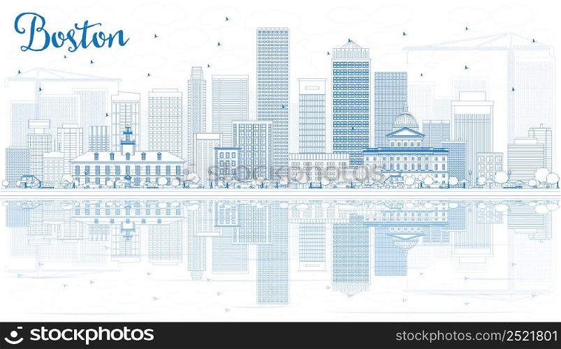 Outline Boston Skyline with Blue Buildings and Reflections. Vector Illustration. Business Travel and Tourism Concept with Modern Buildings. Image for Presentation Banner Placard and Web Site.