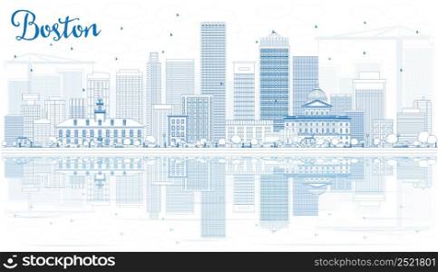 Outline Boston Skyline with Blue Buildings and Reflections. Vector Illustration. Business Travel and Tourism Concept with Modern Buildings. Image for Presentation Banner Placard and Web Site.