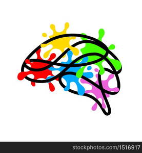 Outline brain shape with colorful splash. Creative mind concept. Vector illustration isolated on white background.