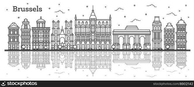 Outline Brussels Belgium City Skyline with Historic Buildings and Reflections Isolated on White. Vector Illustration. Brussels Cityscape with Landmarks.