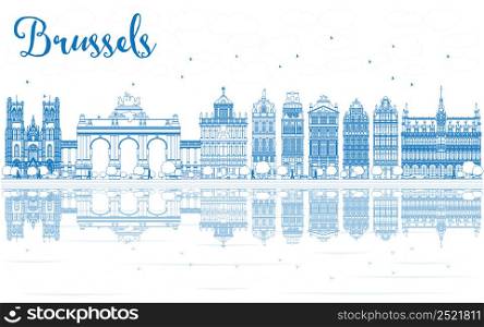 Outline Brussels Skyline with Blue Buildings and Reflections. Vector Illustration. Business Travel and Tourism Concept with Historic Architecture. Image for Presentation Banner Placard and Web Site