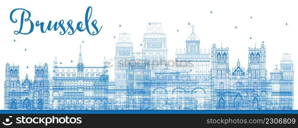 Outline Brussels skyline with Blue buildings. Vector illustration. Business travel and tourism concept with historic buildings. Image for presentation, banner, placard and web site.