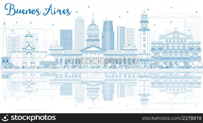 Outline Buenos Aires Skyline with Blue Landmarks and Reflections. Vector Illustration.