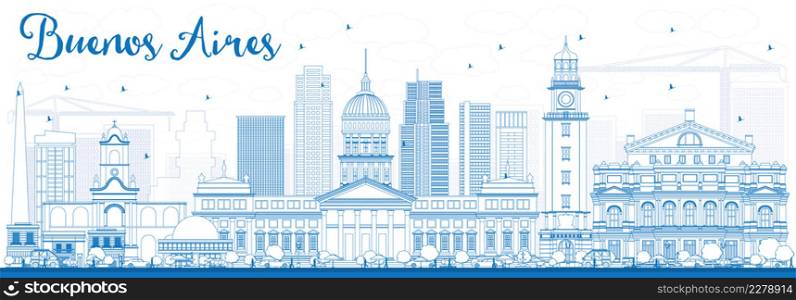 Outline Buenos Aires Skyline with Blue Landmarks. Vector Illustration. Business Travel and Tourism Concept with Historic Buildings. Image for Presentation Banner Placard and Web Site.
