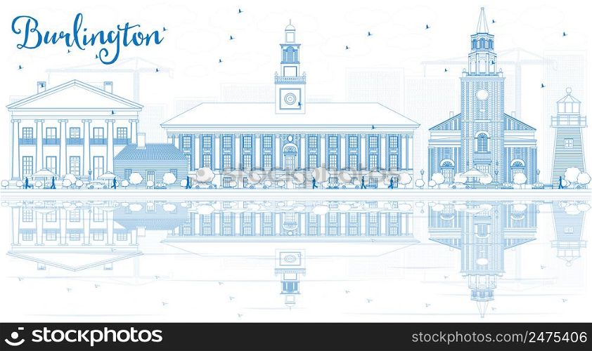 Outline Burlington (Vermont) City Skyline with Blue Buildings and Reflections. Vector Illustration. Business and tourism concept. Image for presentation, banner, placard or web site