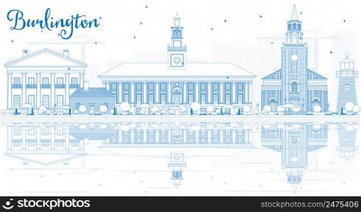 Outline Burlington (Vermont) City Skyline with Blue Buildings and Reflections. Vector Illustration. Business and tourism concept. Image for presentation, banner, placard or web site