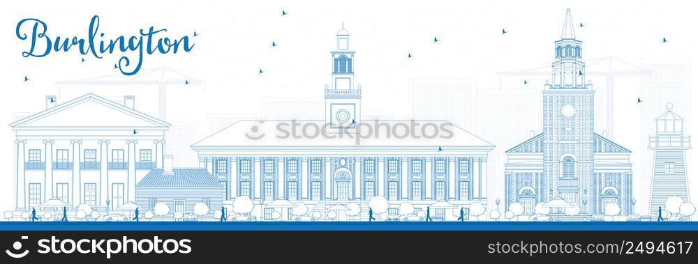 Outline Burlington (Vermont) City Skyline with Blue Buildings. Vector Illustration. Business and tourism concept with historic buildings. Image for presentation, banner, placard or web site