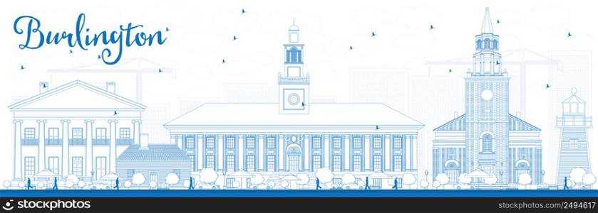 Outline Burlington (Vermont) City Skyline with Blue Buildings. Vector Illustration. Business and tourism concept with historic buildings. Image for presentation, banner, placard or web site