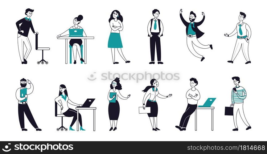 Outline business characters. Happy flat persons, linear smiling work people team. Leadership teamwork, corporate office girl vector set. Outline business modern and professional person illustration. Outline business characters. Happy flat persons, linear smiling work people team. Leadership teamwork, corporate decent office girl vector set