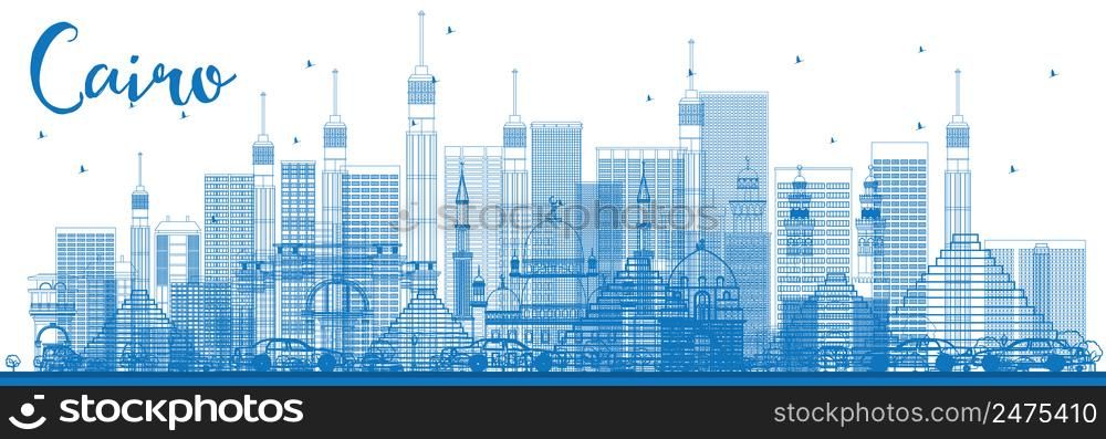 Outline Cairo Skyline with Blue Buildings. Vector Illustration. Business Travel and Tourism Concept with Historic Architecture. Image for Presentation Banner Placard and Web Site.