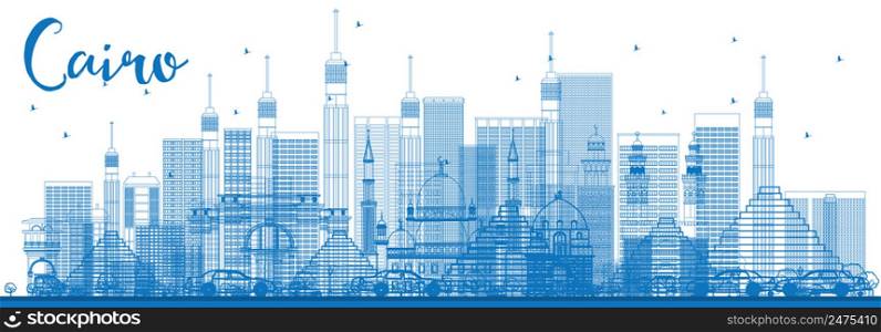 Outline Cairo Skyline with Blue Buildings. Vector Illustration. Business Travel and Tourism Concept with Historic Architecture. Image for Presentation Banner Placard and Web Site.