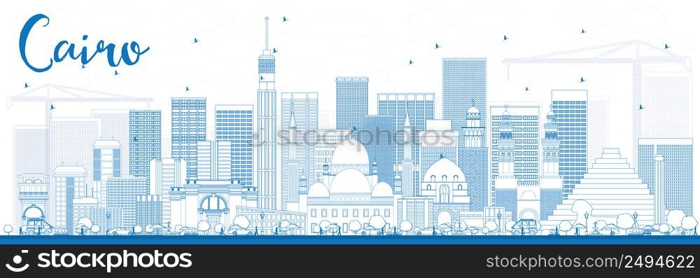 Outline Cairo Skyline with Blue Buildings. Vector Illustration. Business Travel and Tourism Concept with Historic Buildings. Image for Presentation Banner Placard and Web Site.