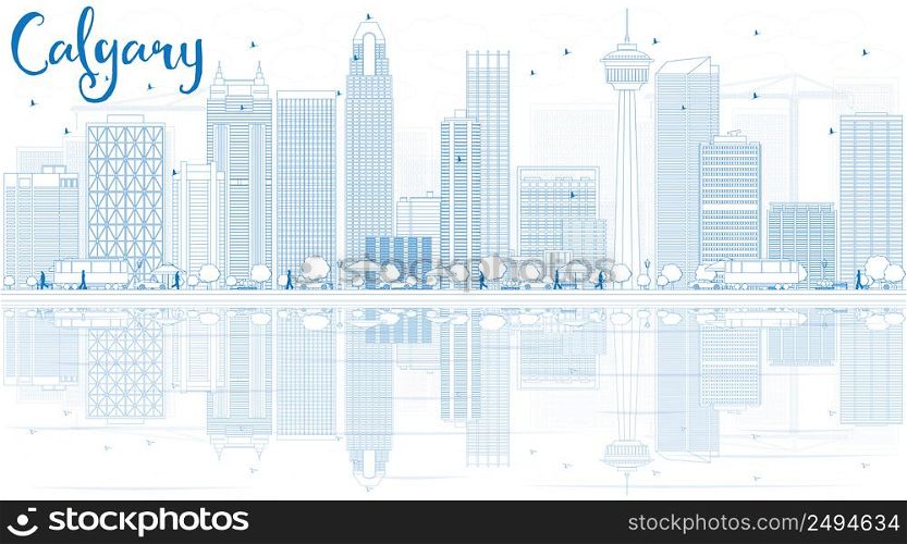 Outline Calgary Skyline with Blue Buildings and Reflections. Vector Illustration. Business travel and tourism concept with copy space. Image for presentation, banner, placard and web site.