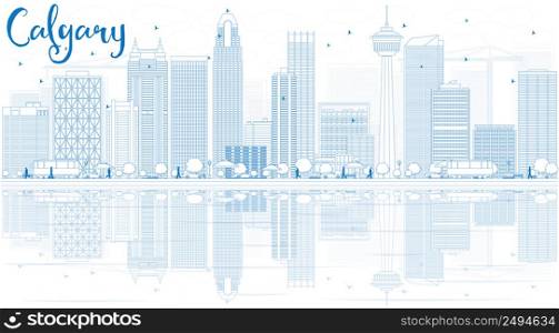 Outline Calgary Skyline with Blue Buildings and Reflections. Vector Illustration. Business travel and tourism concept with copy space. Image for presentation, banner, placard and web site.