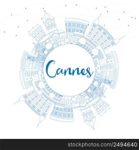 Outline Cannes Skyline with Blue Buildings and Copy Space. Vector Illustration. Business Travel and Tourism Concept with Historic Architecture. Image for Presentation Banner Placard and Web Site.