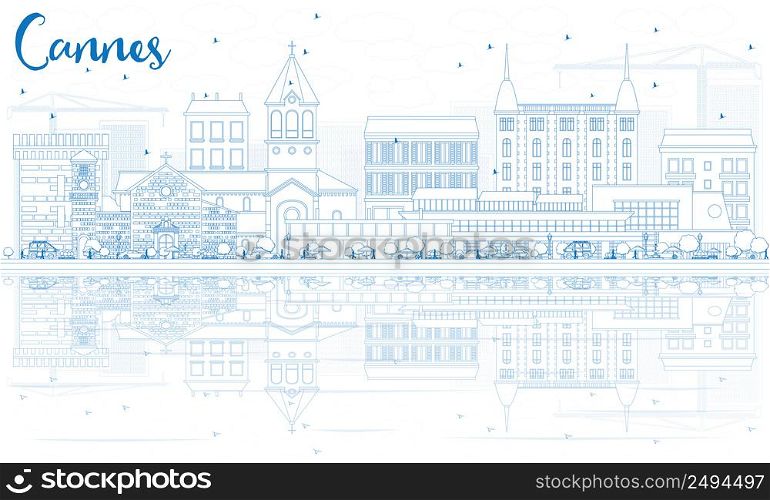 Outline Cannes Skyline with Blue Buildings and Reflections. Vector Illustration. Business Travel and Tourism Concept with Historic Architecture. Image for Presentation Banner Placard and Web Site.