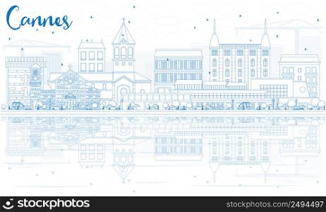 Outline Cannes Skyline with Blue Buildings and Reflections. Vector Illustration. Business Travel and Tourism Concept with Historic Architecture. Image for Presentation Banner Placard and Web Site.