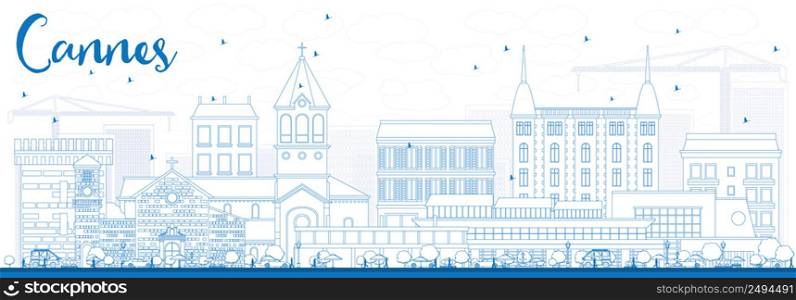Outline Cannes Skyline with Blue Buildings. Vector Illustration. Business Travel and Tourism Concept with Historic Buildings. Image for Presentation Banner Placard and Web Site.