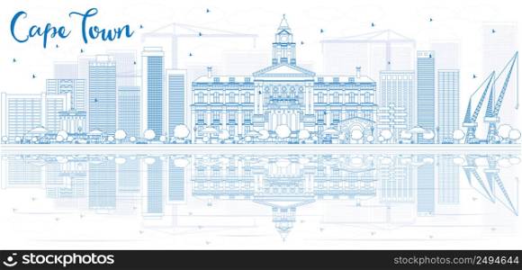 Outline Cape town skyline with blue buildings and reflection. Vector illustration. Business travel and tourism concept with place for text. Image for presentation, banner, placard and web site.