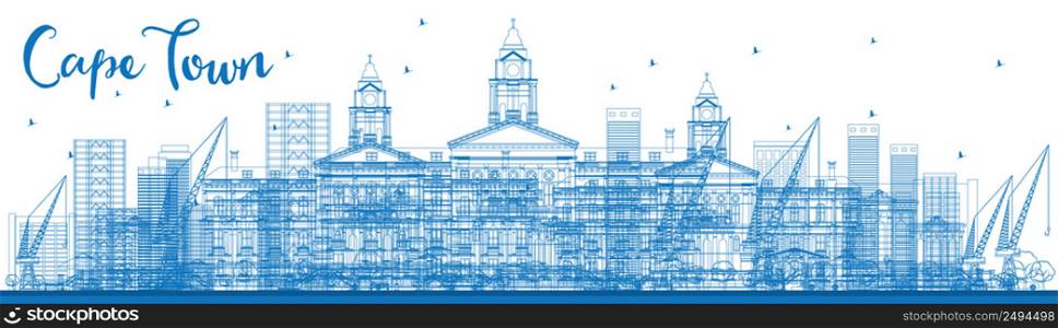 Outline Cape town skyline with blue buildings. Vector illustration. Business travel and tourism concept with modern buildings. Image for presentation, banner, placard and web site.