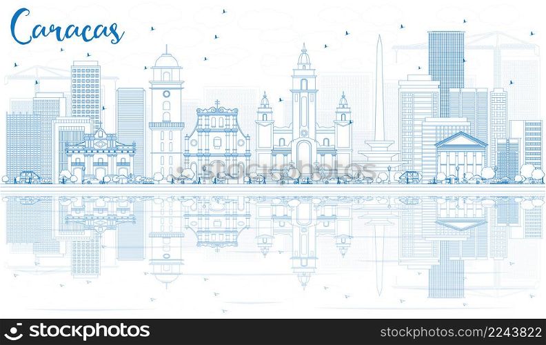 Outline Caracas Skyline with Blue Buildings and Reflections. Vector Illustration. Business Travel and Tourism Concept with Historic Architecture. Image for Presentation Banner Placard and Web Site.