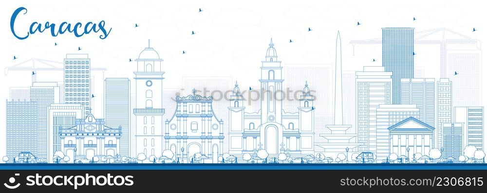 Outline Caracas Skyline with Blue Buildings. Vector Illustration. Business Travel and Tourism Concept with Historic Buildings. Image for Presentation Banner Placard and Web Site.