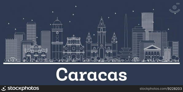 Outline Caracas Venezuela City Skyline with White Buildings. Vector Illustration. Business Travel and Tourism Concept with Historic Architecture. Caracas Cityscape with Landmarks.