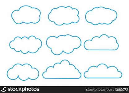 Outline cartoon flat style clouds icon collection. Weather forecast logo symbol. Vector illustration image. Isolated on white background.