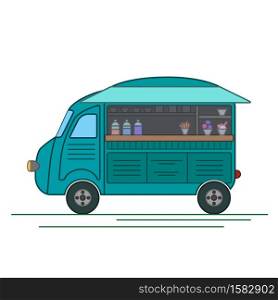 Outline cartoon of an ice cream food truck. Vintage retro car. Contour colorful vector illustration for cards, banners and your design.. Outline cartoon of an ice cream food truck. Vintage retro car. Contour colorful vector illustration