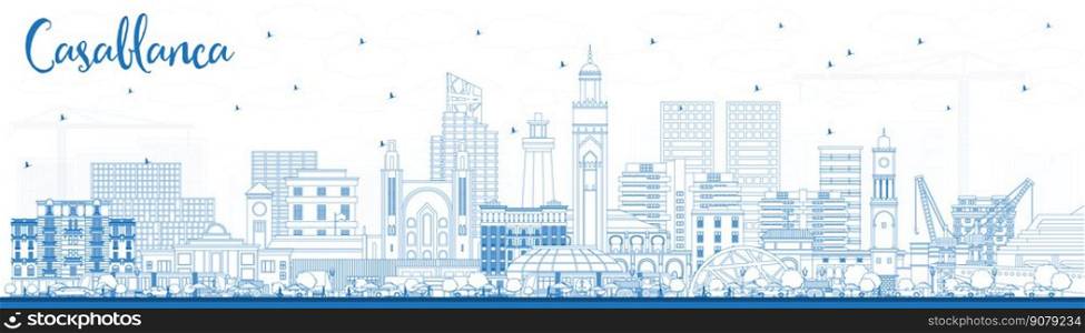 Outline Casablanca Morocco City Skyline with Blue Buildings. Vector Illustration. Business Travel and Concept with Historic Architecture. Casablanca Cityscape with Landmarks. 