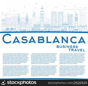 Outline Casablanca Skyline with Blue Buildings and Copy Space. Vector Illustration. Business Travel and Tourism Concept with Historic Architecture. Image for Presentation Banner Placard and Web Site.