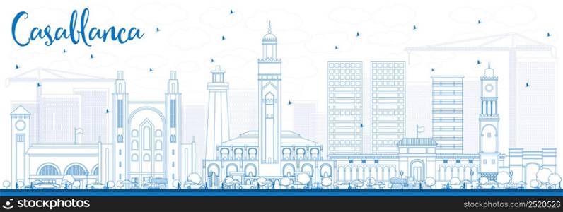 Outline Casablanca Skyline with Blue Buildings. Vector Illustration. Business Travel and Tourism Concept with Historic Architecture. Image for Presentation Banner Placard and Web Site.