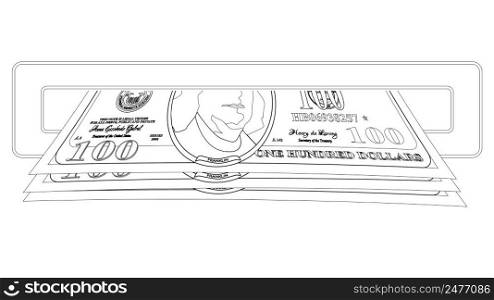 Outline cash 100 dollars in slot of ATM machine isolated on white background. Vector illustration.. Outline cash 100 dollars in slot of ATM machine isolated on white background.